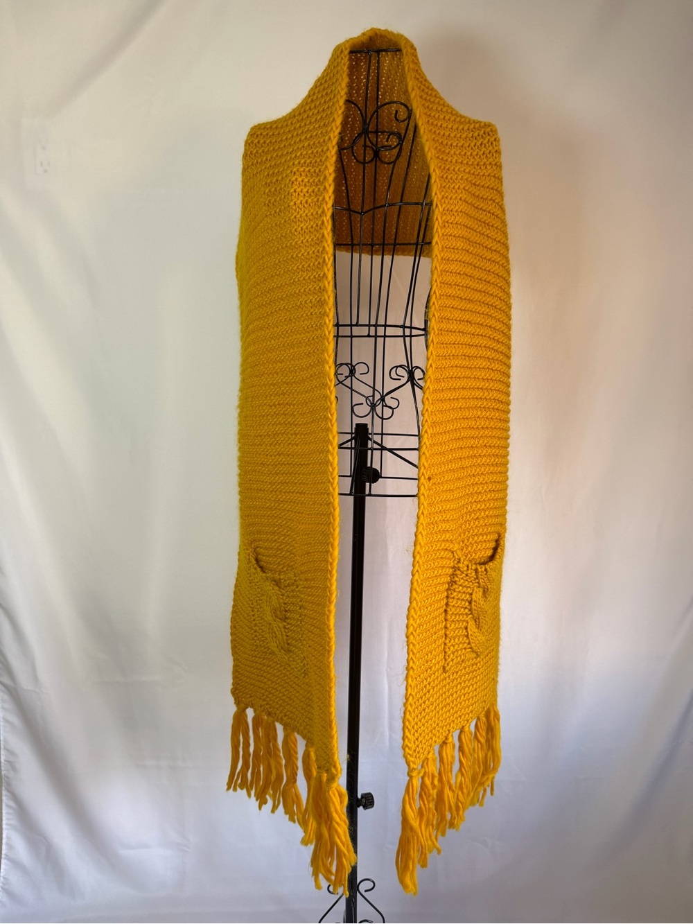Forever 21 Mustard Yellow Knit Scarf with Fringe and Pockets